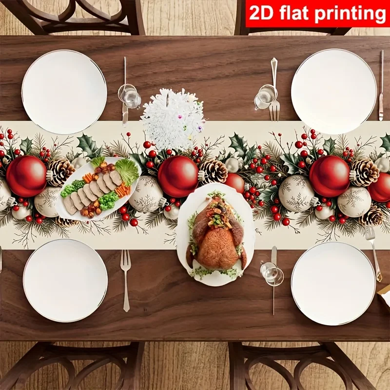 Christmas Table Runner, Holly Berries Pinecone Print, Farmhouse Woven Table Runner for Dining Table, Xmas Party Decor