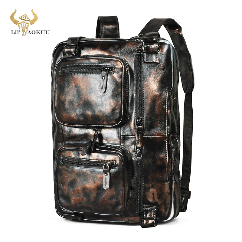 Quality Cattle Leather man multifunction Backpack Maletas Maletin business briefcase 15