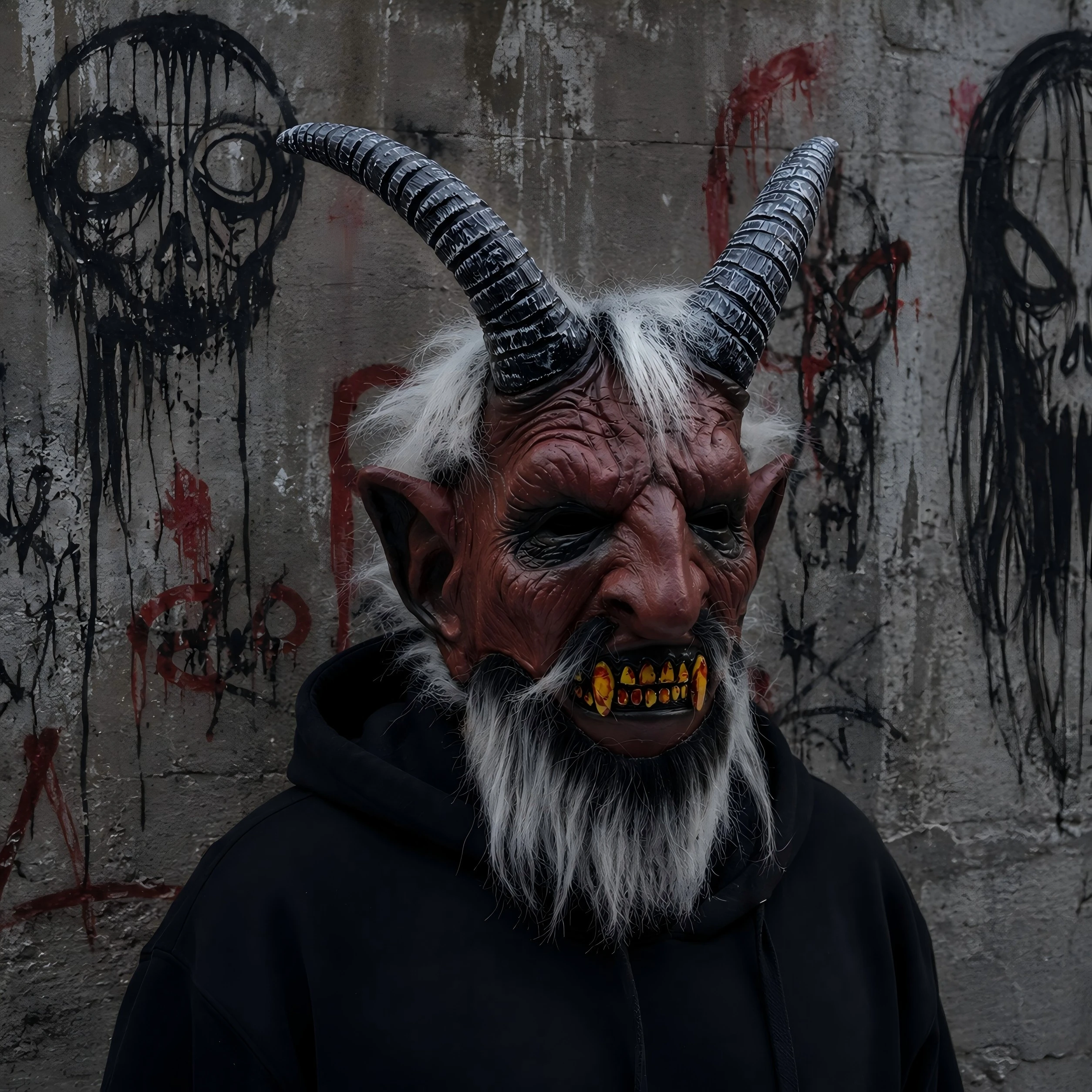 Horror Red Devil Mask Long Horns White Beard Creepy Monster Demon Latex Face Cover Halloween Carnival Party Cosplay Costume Prop
