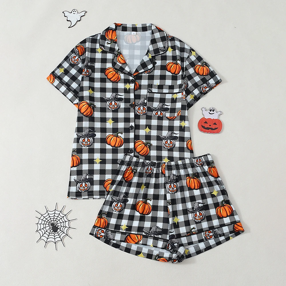 

2Pcs Cute Ghost Pumpkin Halloween Nightwear Button Shirt Stretchy Shorts Women Halloween Printed Pajama Set Party Sleepwear