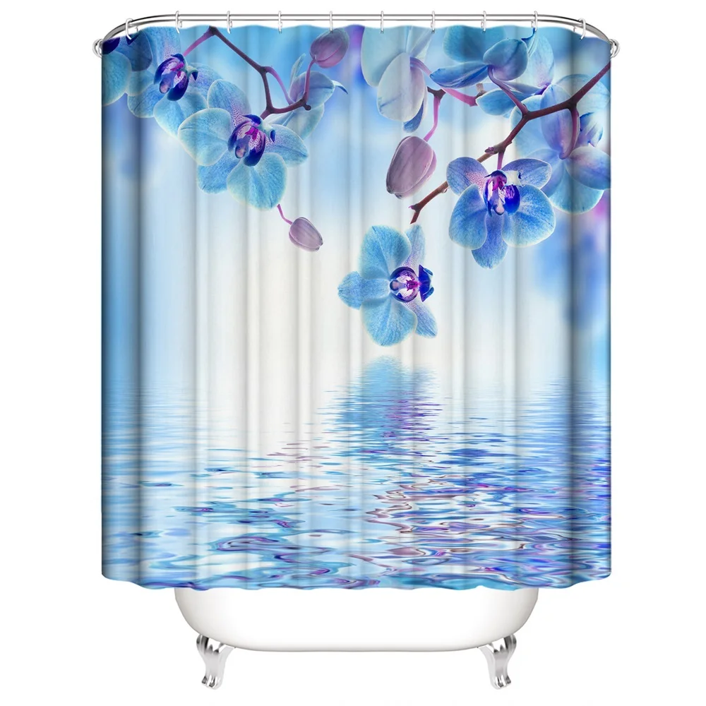 1PC, water blue flower, modern home bathroom waterproof shower curtain, 12 plastic hooks, 71in*71in