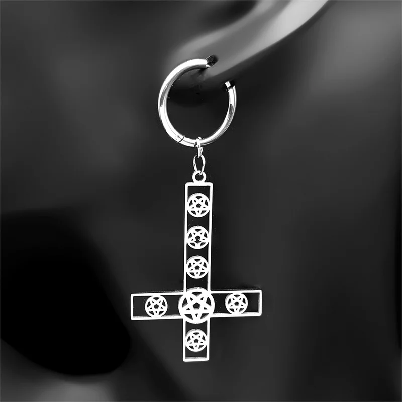 Inverted Jesus Cross Occult Pentagram Hoop Earrings for Women Men Stainless Steel Gothic Satan Star of David Earring Jewelry