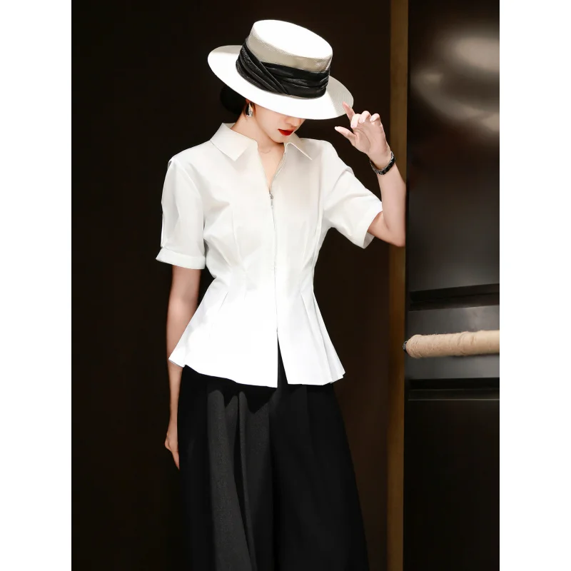 MEXCOCO 2026 Summer New Women Lapel White Short Sleeve Blouse, Elegant Commuter Waist Cinched Pleated A Line Slim Fit Shirt