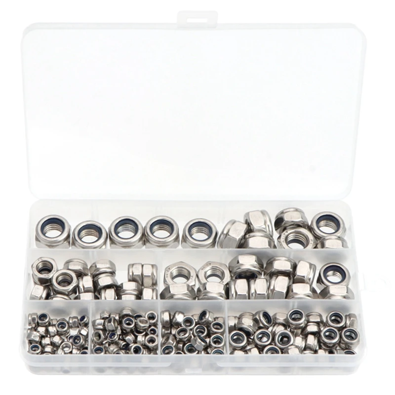 

New 215Pcs Boxed Nylon Inlaid Hexagonal Lock Nut Combination Stainless Steel Loose Lock Nut