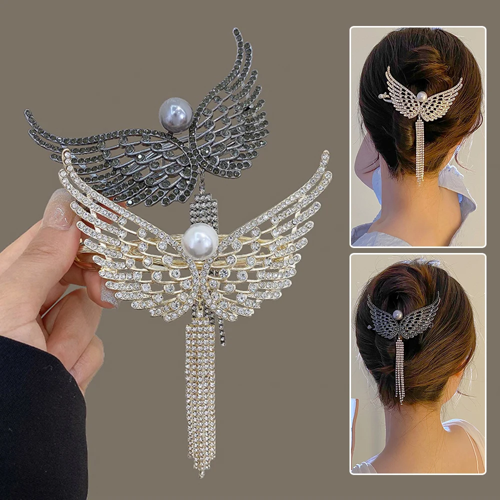 Shiny Full Rhinestone Hair Claw Clips Pearl Metal One Word Ponytail Clip Wings Long Tassel Hair Claw Female Hair Accessories