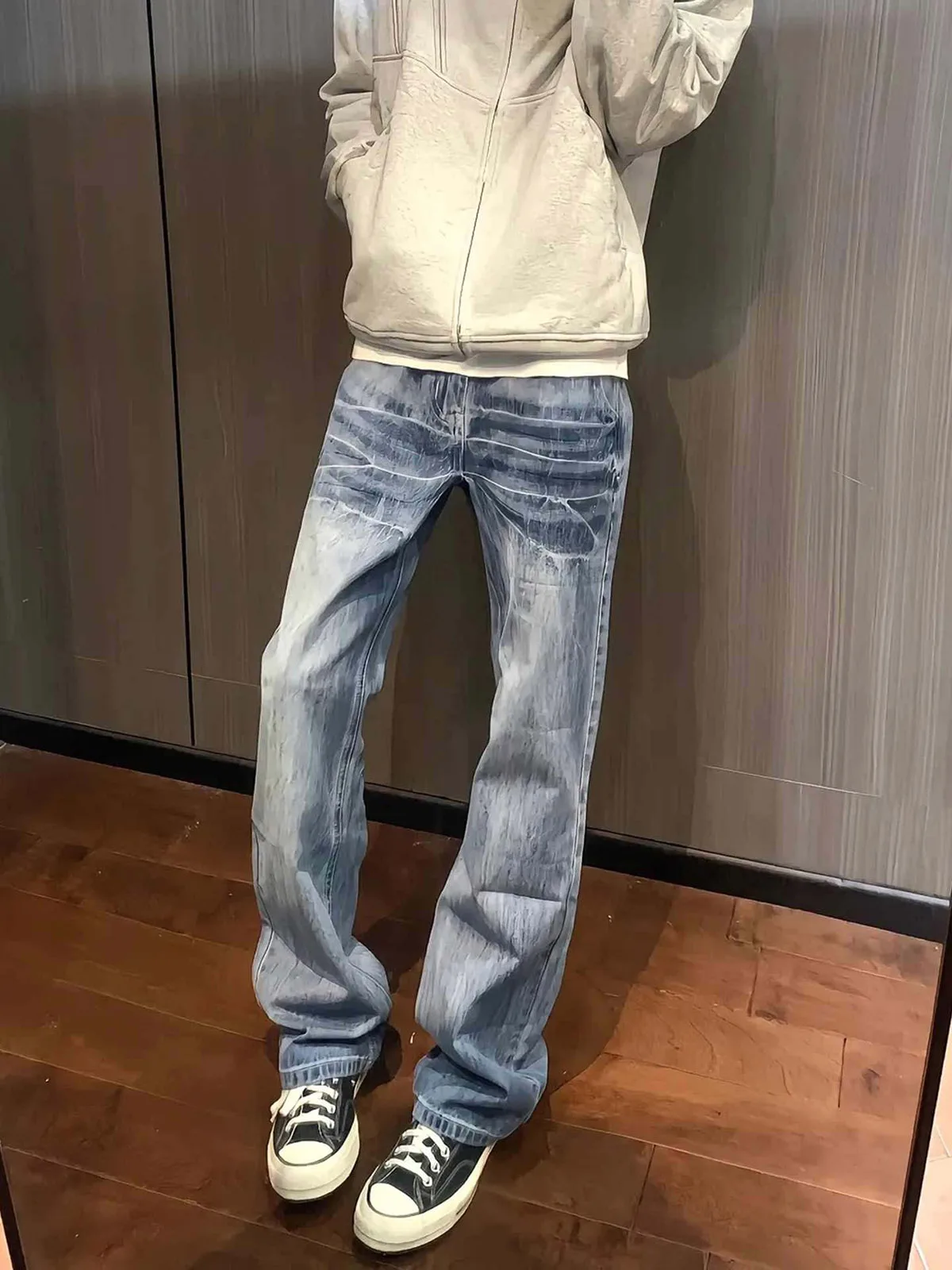 

Washed Blue Lightning Pattern Semi-Elastic Waist Jeans Men's Cleanfit American Style Leg Lengthening Straight Leg Jeans