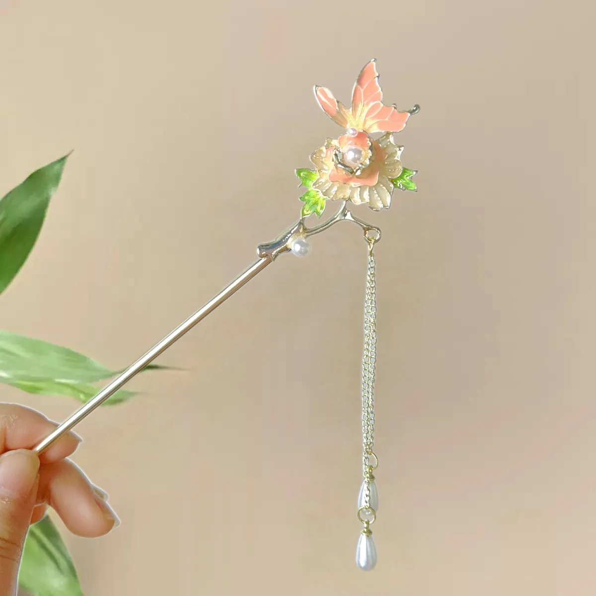 Pink Flower Hair Sticks Forks Retro Chinese Style Alloy Hairpins Side Clips Chain Tassel Pearls Pendant Decor Women Hair Jewelry image 6