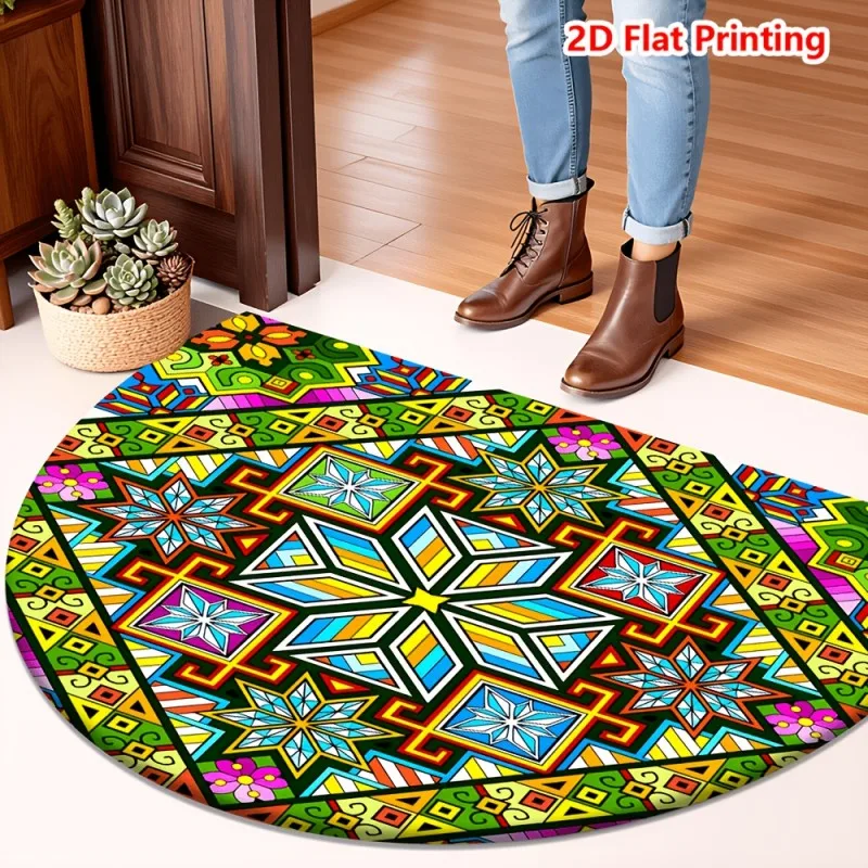 African Tribal Semicircle Doormat Colorful Geometric Print Non Slip Floor Mat for Ethnic Style Home