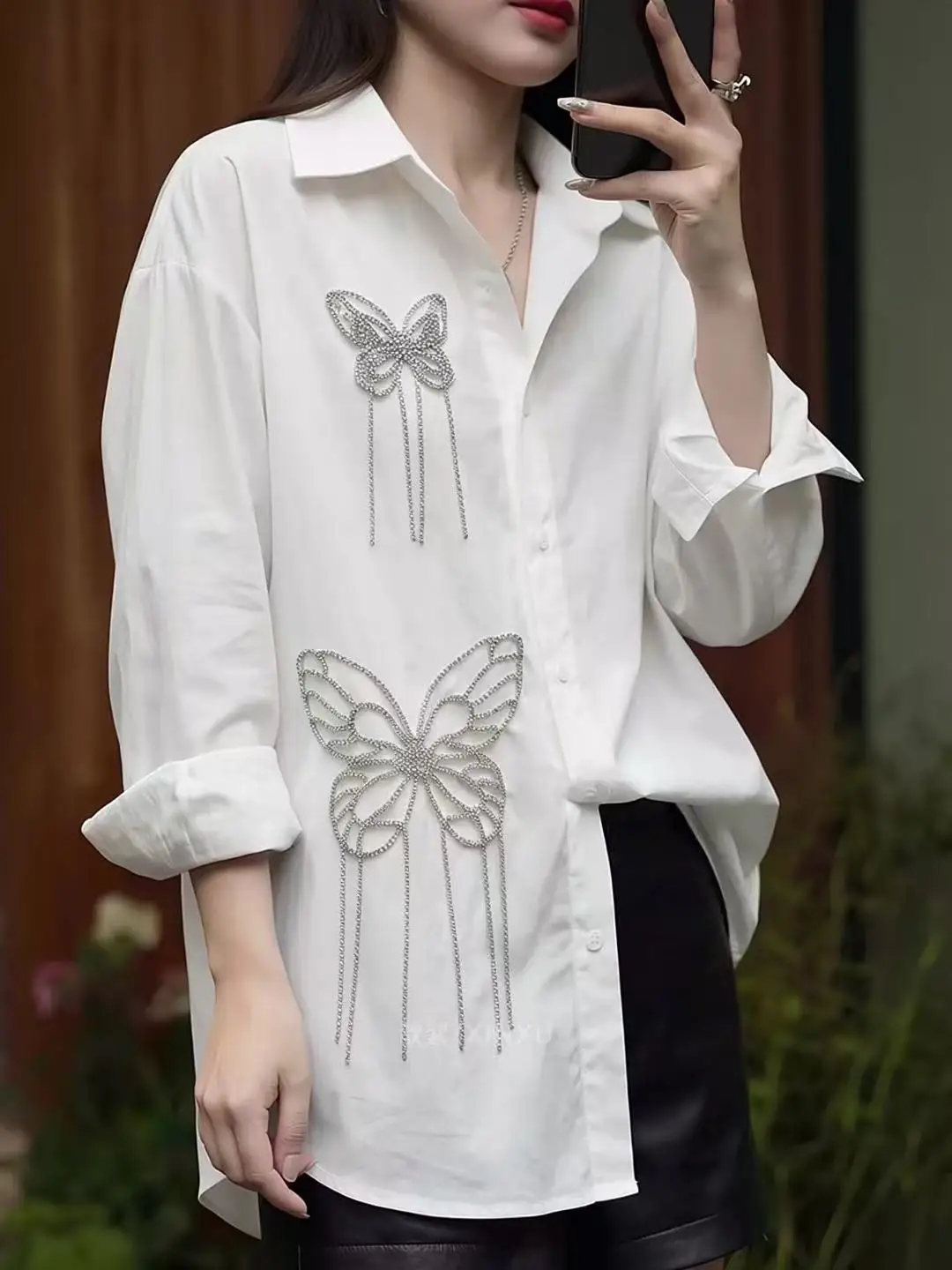 

Luxury Design Bling Diamonds White Cotton Shirts Blouses Women's Long Sleeve Oversize Tops Woman Clothes Spring Summer Blusas