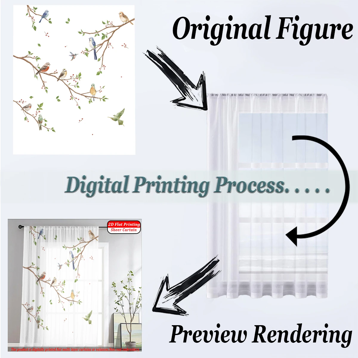 Branches Flying Birds Flat Printing Sheer Curtain，Light Fabric，for Living Room Bedroom Home Door and Window Decor - view 6