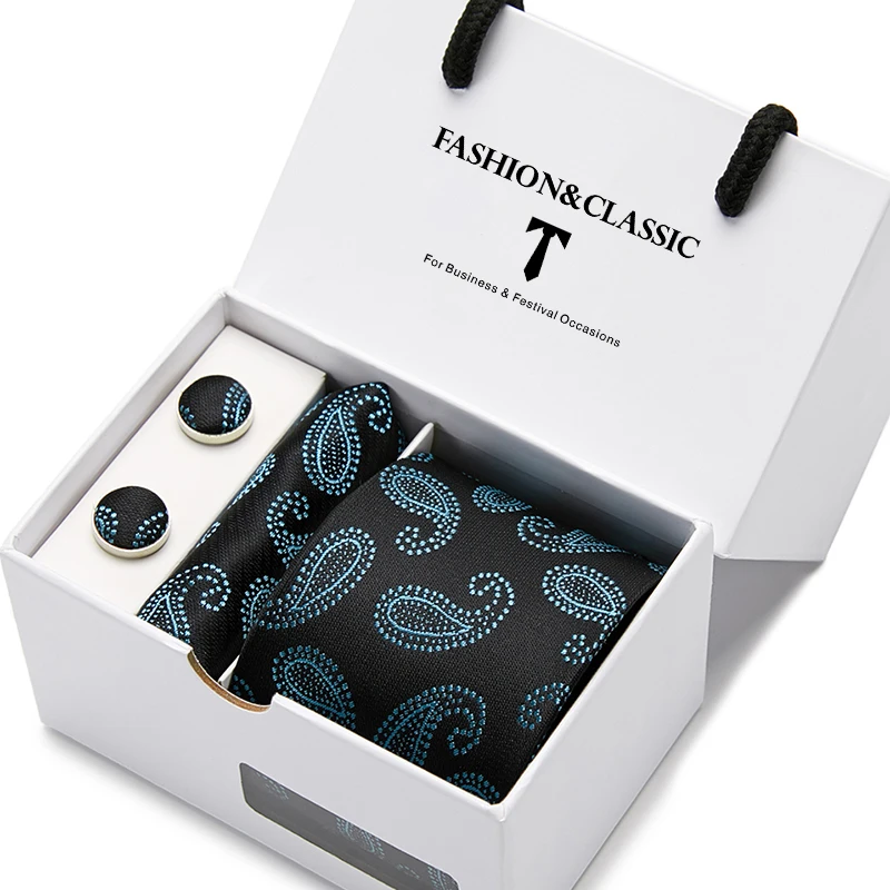 Hochwertiges 7,5 cm schwarzes, solides Herren-Krawatten-Taschentuch-Manschettenknöpfe-Set für Männer, Hochzeitskrawatten, Gravatas in Geschenkbox – Detail 2