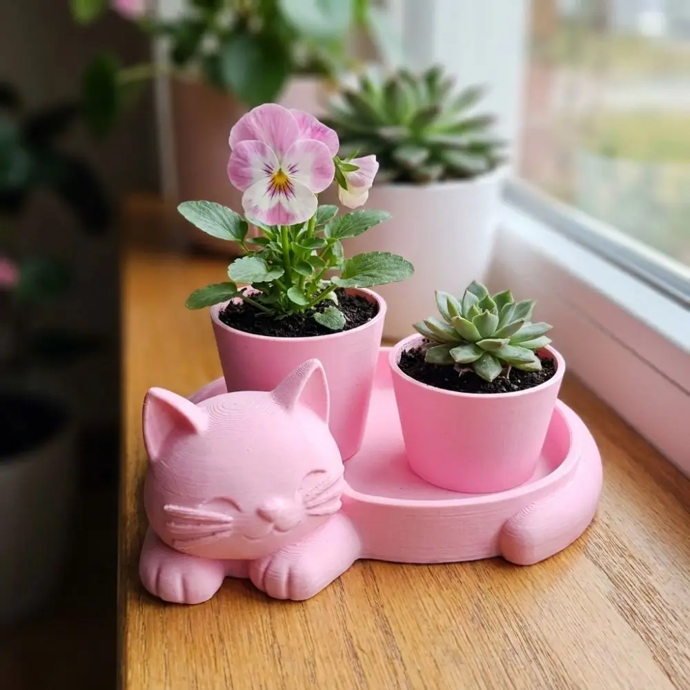 3D Printed Cat-Shaped Flower Pot Lazy Cat Novelty Mini Potted Plant Cute Animal Lifelike Kitten Desktop Planter Desk Room Decor