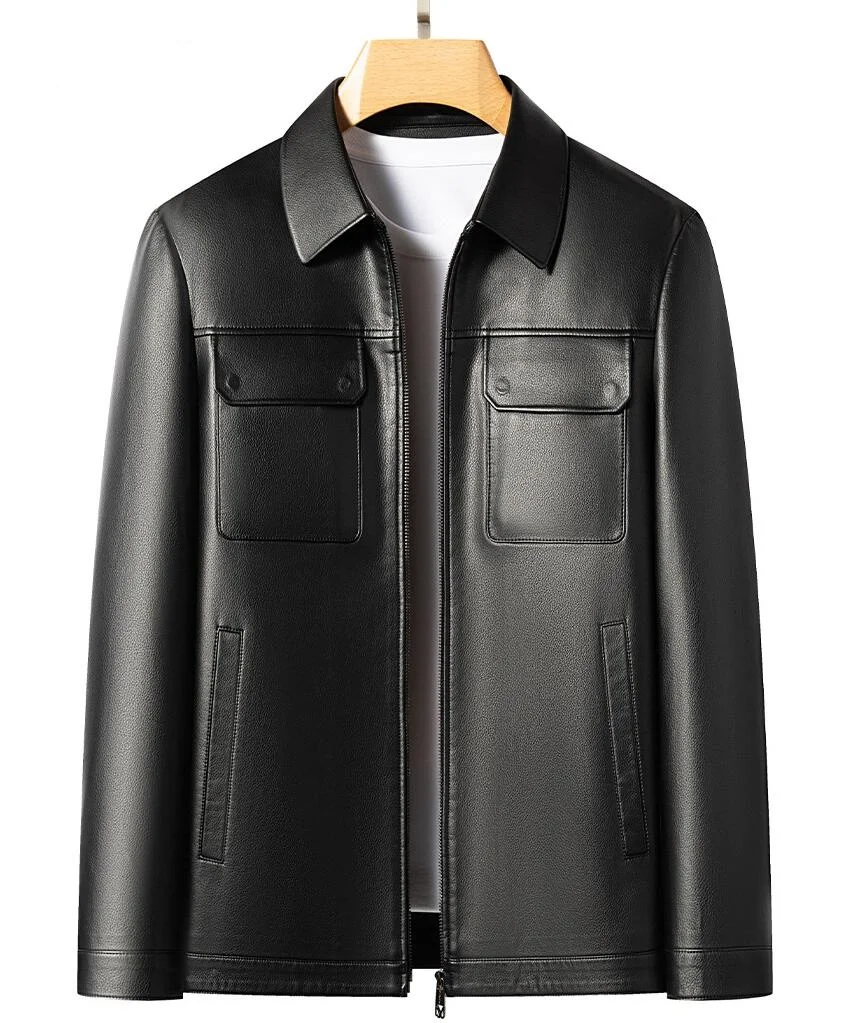 

Spring and Autumn Men's Split Leather Polo Mock Neck Jacket Fashion Slim Leathe Coat Black Grey Husband Gift Youth