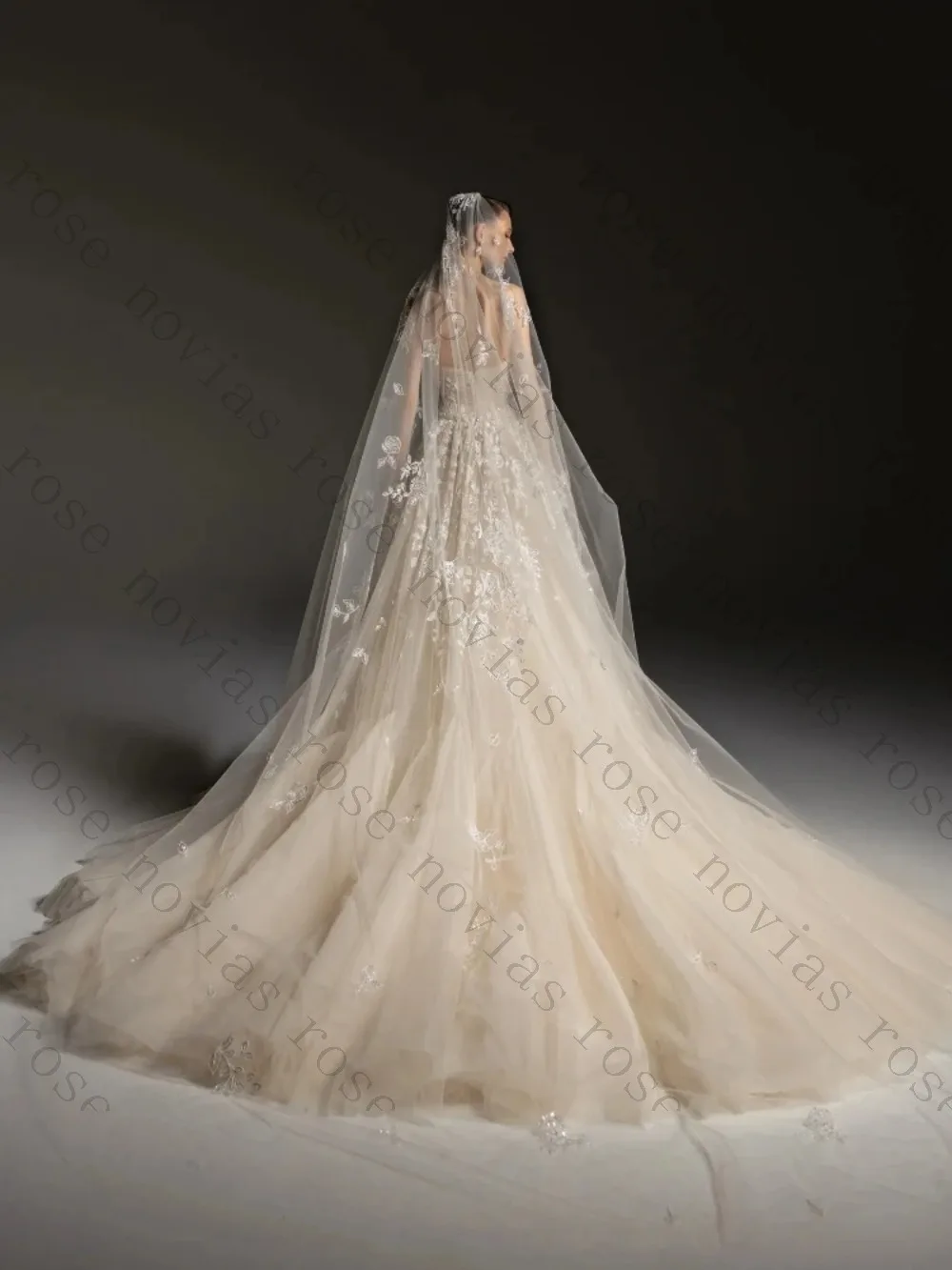 Customized Romantic A Line Wedding Dress Strapless Tube Neck Cathedral Train Floral Sequin Applique Layer Champagne Bridal Gown