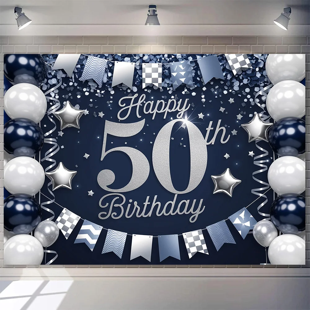 Eleganter blauer und weißer Hintergrund zum 50. Geburtstag mit Sternen, Luftballons und Konfell – Polyester