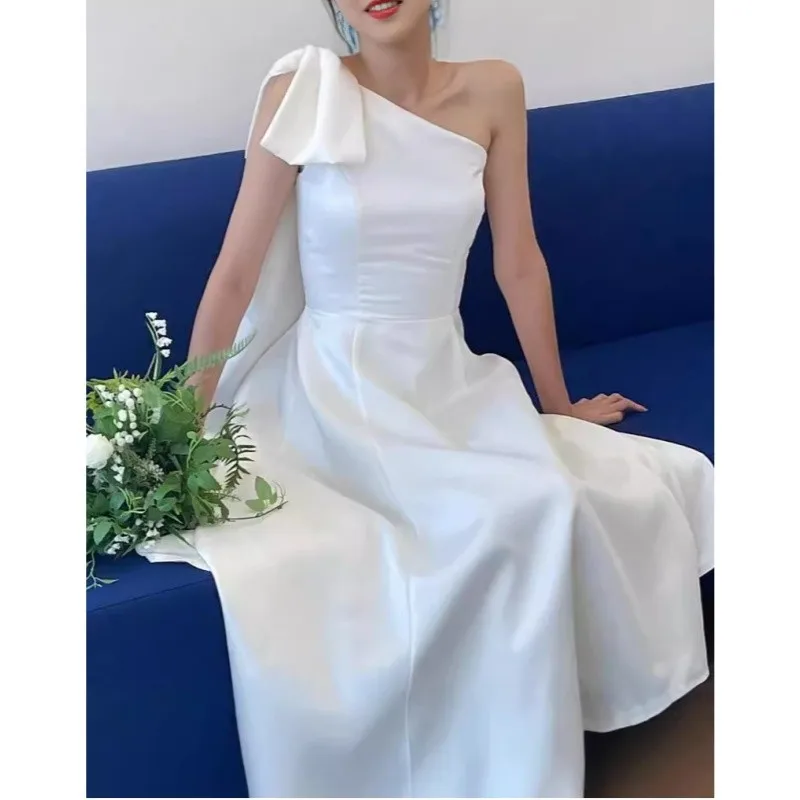 Vestido de novia de un hombro con lazo dulce para mujer, vestido de novia corto Simple, línea A de satén, vestidos de fiesta de cumpleaños elegantes, el más nuevo