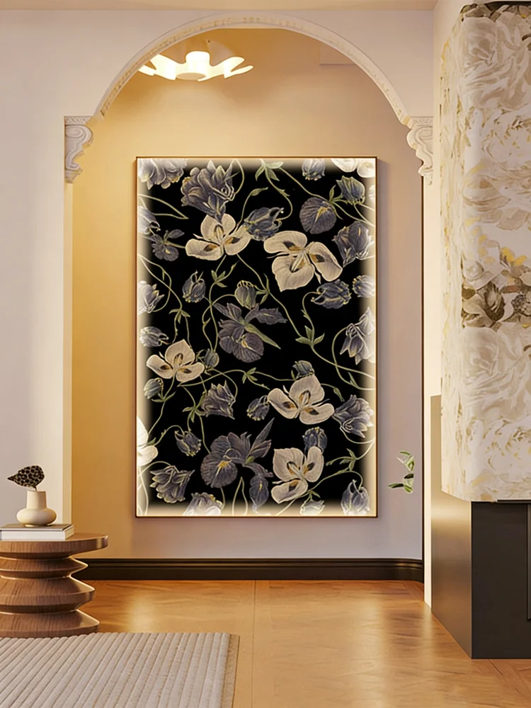 Creamy Medieval-style Entrance Decorative Painting Featuring Flowers Suitable For Entryway Living Room Hallway Luminous Painting