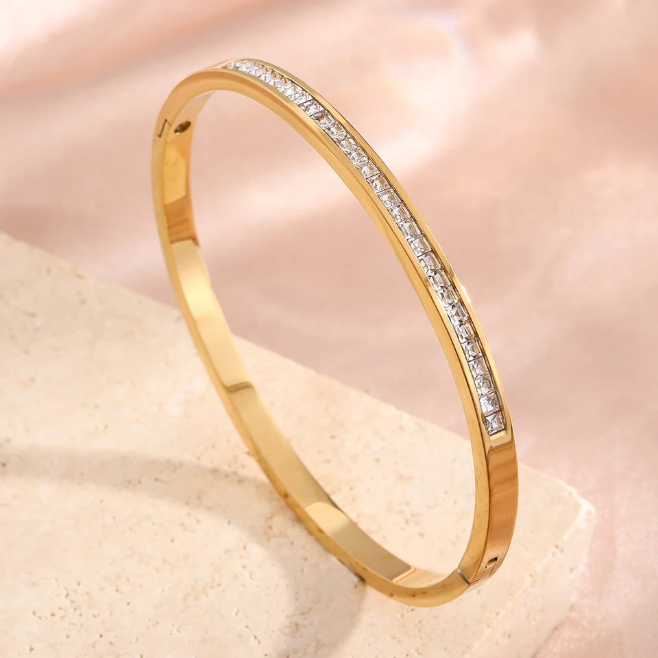 Yupsk 2 Stück/Set glänzendes Zirkonia-Armband-Set aus Kupfer und Edelstahl für Damen und Herren, modische trendige Armreifen, Schmuck, Geschenk – Detail 8