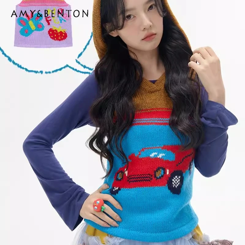 

Retro Sleeveless Hooded Knitted Vest for Women Original Thick Needle Cartoon Pattern Spring Autumn Stacked Wearing Sling Ladies