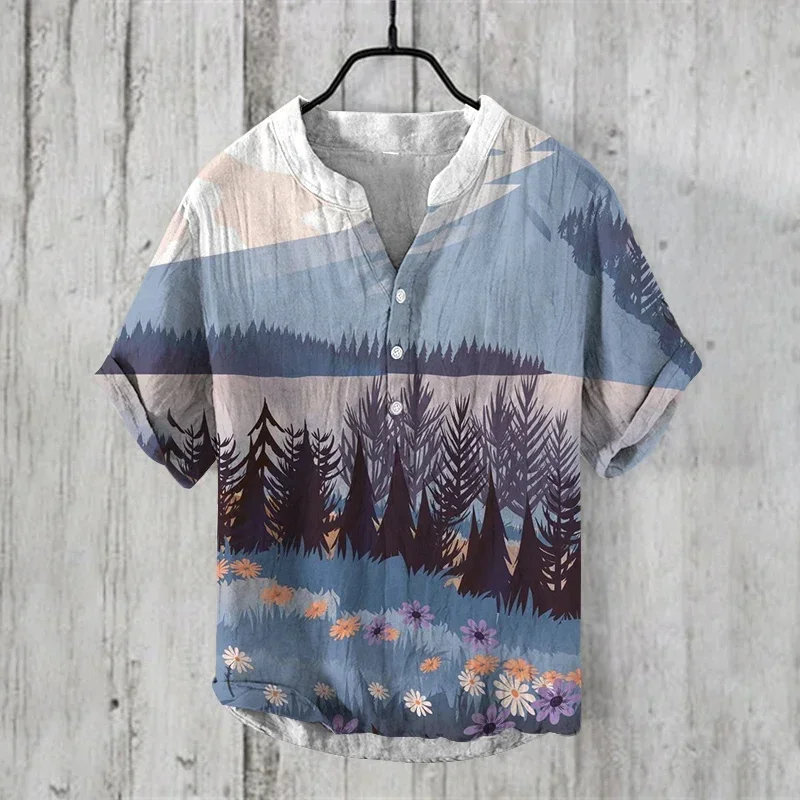 

3D printed Hawaiian short sleeved shirt with luxurious men's social fashion print, vintage and elegant clothing, landscape paint