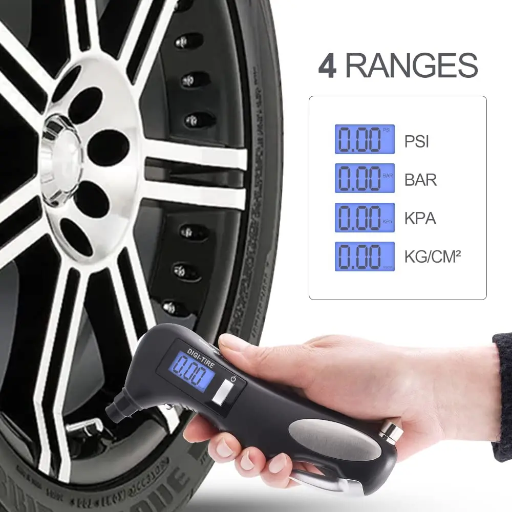 Medidor digital de pressão dos pneus, lanterna de iluminação de emergência, martelo de escape para carro, cortador de cinto de segurança, multifuncional para auto-resgate