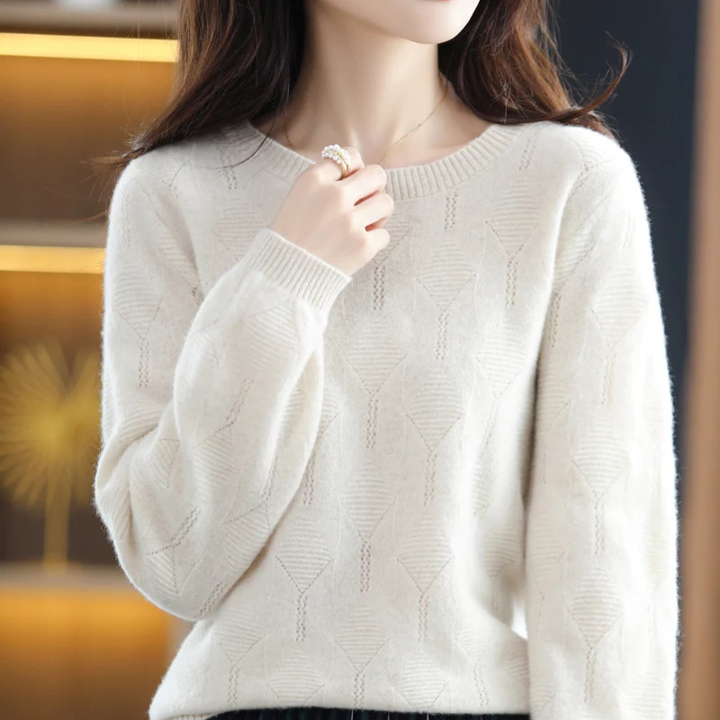 2022 Spring And Autumn Women's Fashion Hollow Round Neck Solid Color Pullover Loose Casual All-Match 100% Wool Knitted Sweater