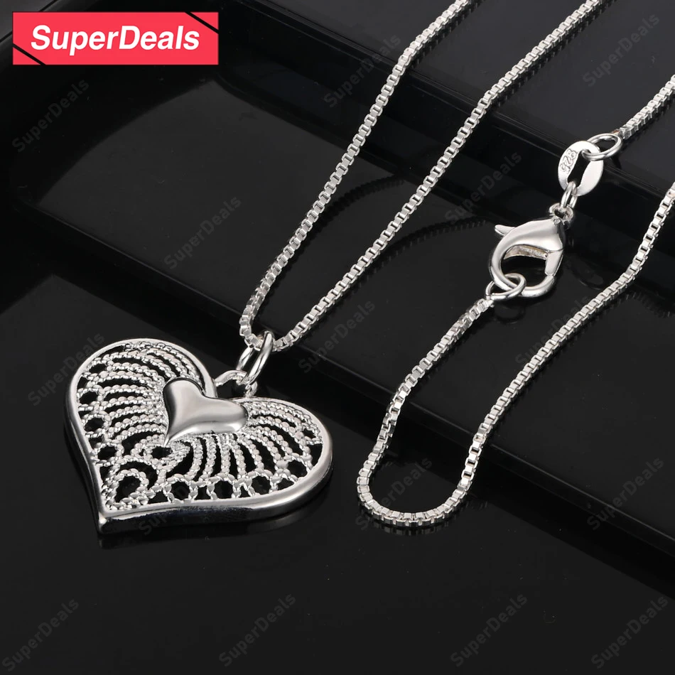 

SuperDeals 925 Sterling Silver Hollow Heart Pendant Necklace For Men Women Engagement Wedding Party Sweet Cute Beautiful Jewelry