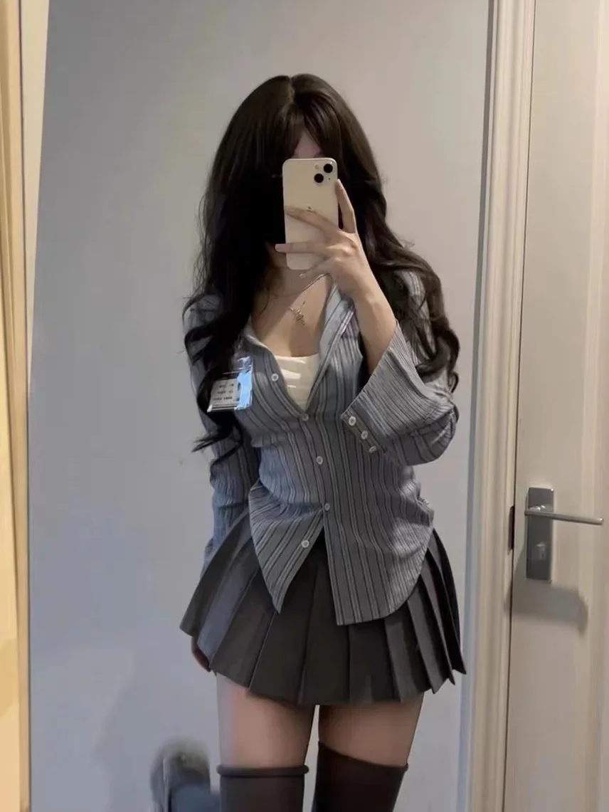 Spring Salt System Wear Young Royal Sister Preppy Pure Desire Gyaru Fried Street Stripe Shirts Pleated Skirt Two-piece Suit