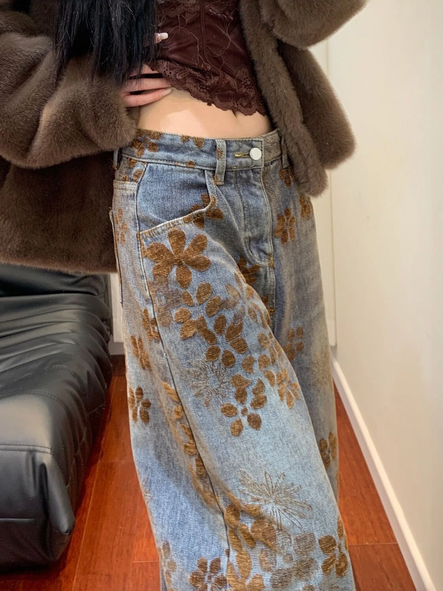 American Design Sensation Floral Embroidery Wide Leg Jeans Women's High Waist Slimming Loose Versatile Floor-Length Pants