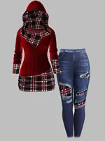 Plus Size Womens Suit Long Sleeve Slim Fit Striped Splicing Hoodie Slim Denim Pants Set Women's Matching Set Fall Winter