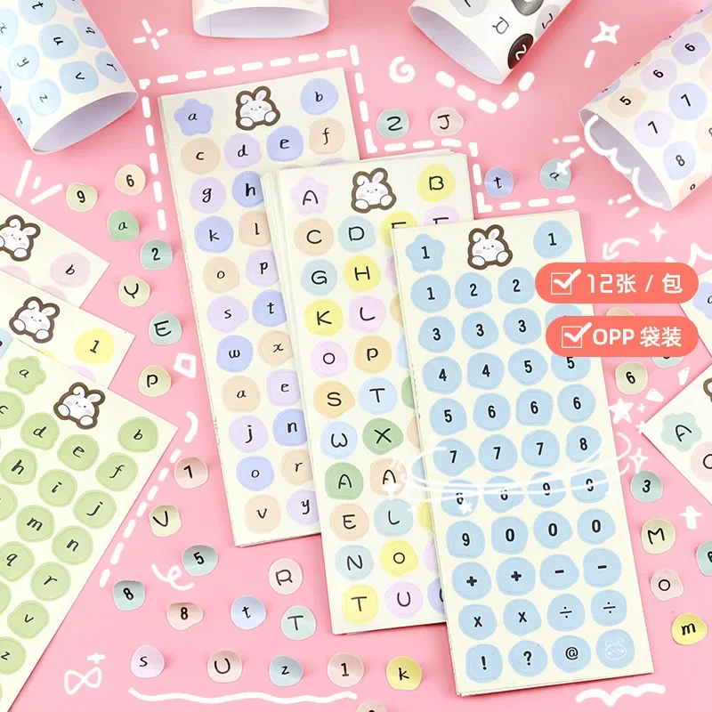 12sheet/set Ins Cute Number Letter Sticker for DIY Decor Scrapbook Journal Sweet Enlish Stationery Sticker Student Supplies