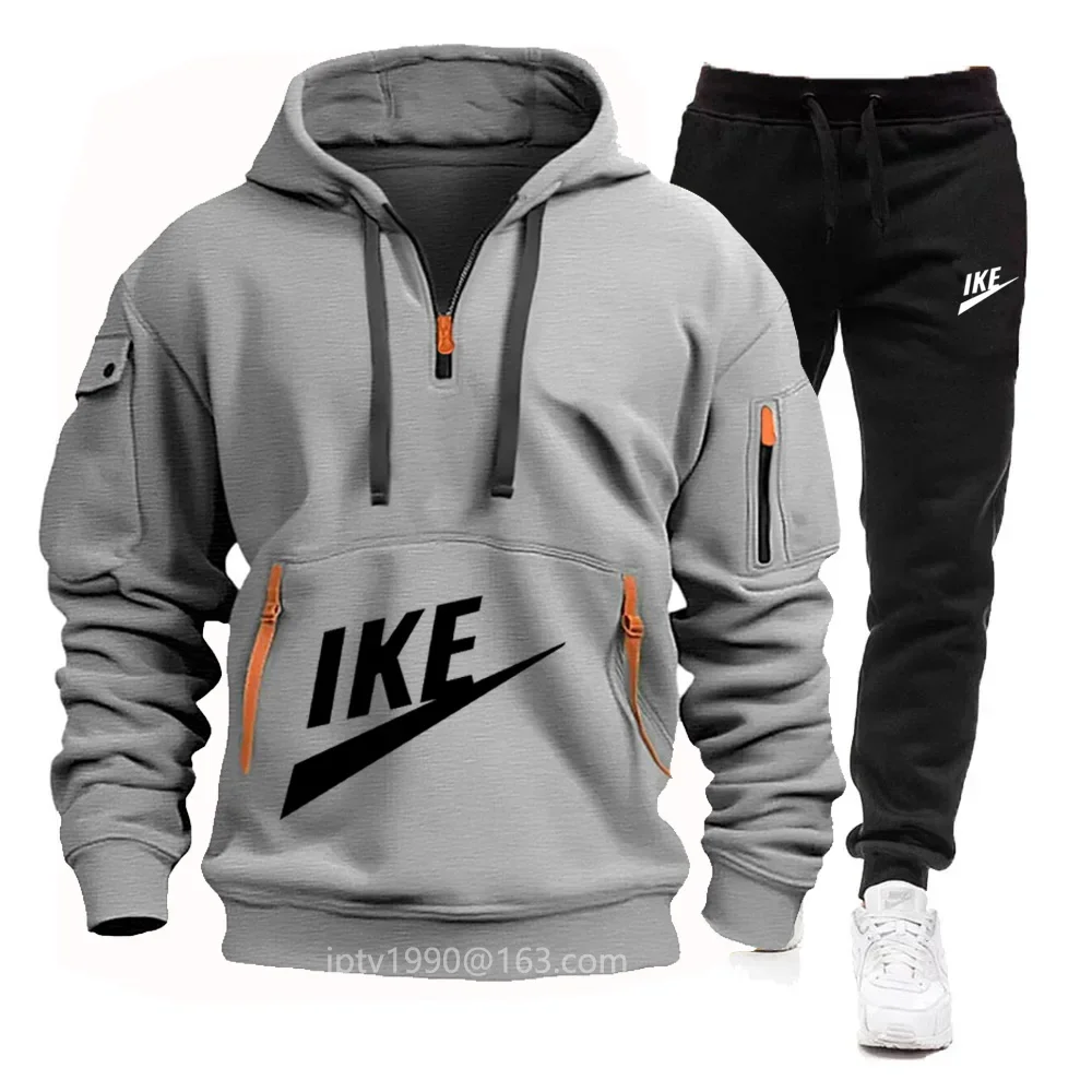 2024 Spring and autumn men\'s new multi-pocket zipper hoodie + casual sports pants two-piece jogging winter sports suit