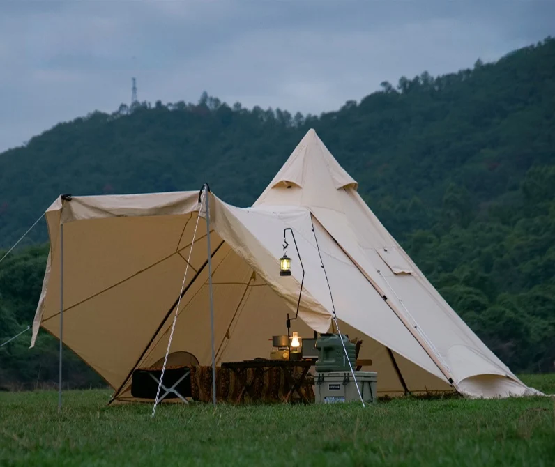 

Classic 5-8 Pyramid Large Camping Tent Waterproof Cotton and Steel Material for Outdoor Activities Climbing Running Tours