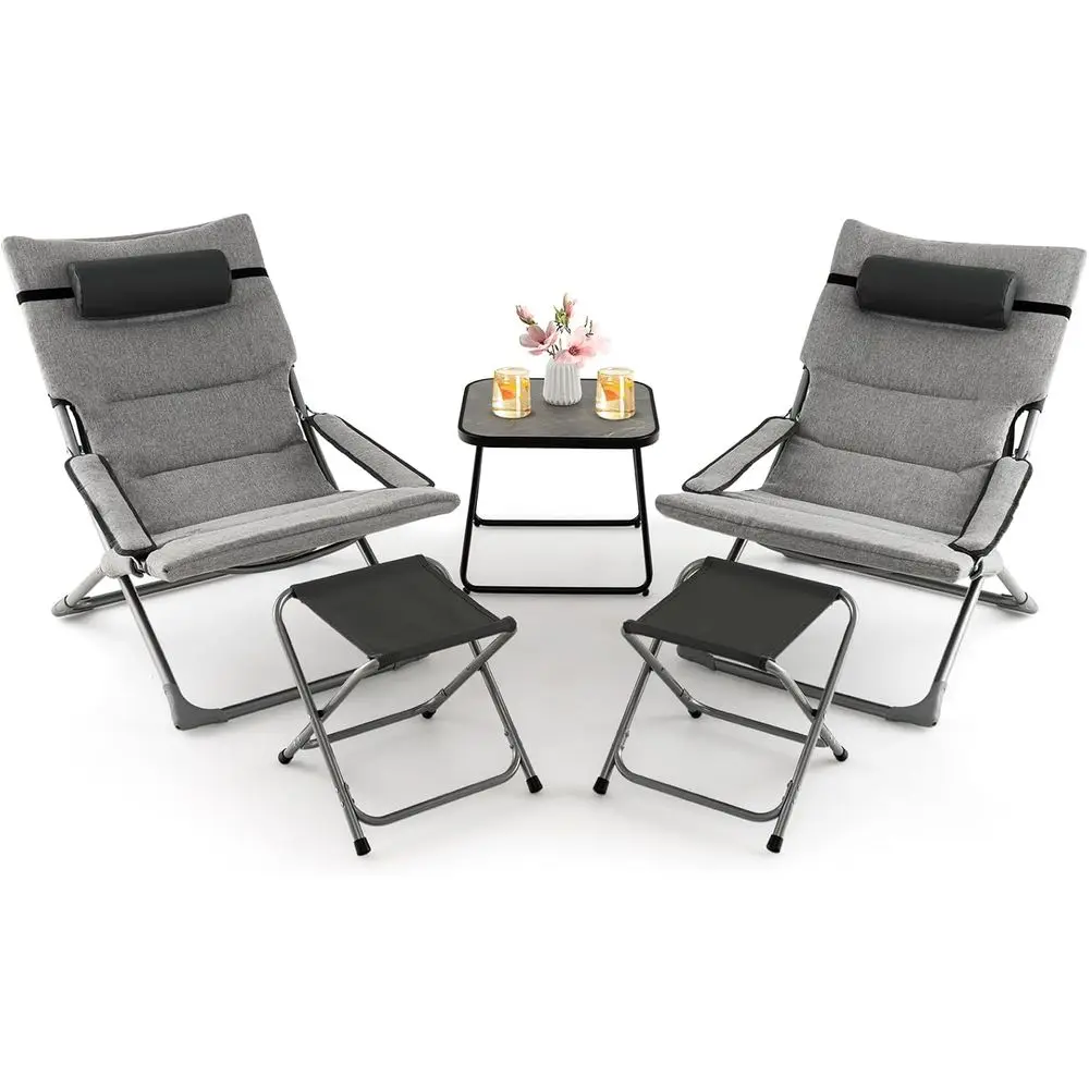

5-Piece Outdoor Bistro Set with Lounge Chairs, Footrest, Side Table, and Cushions for Patio, Porch, or Pool Area