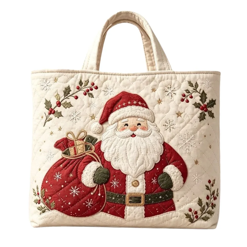 Quilted Design Christmas Handbag Lightweight Padded Quilted Tote Bag Family Print Snowman Print Shoulder Handbag Hiking Camping