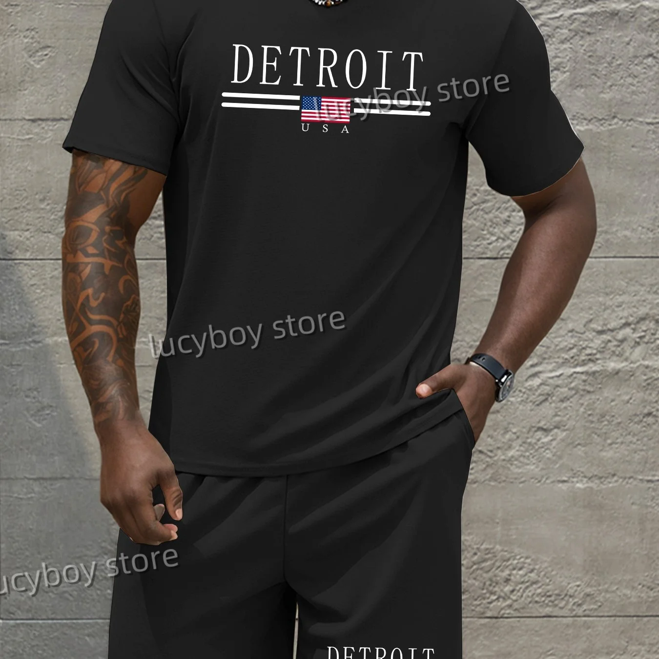 DETROIT Letter Printed Sport T-shirt+shorts Suit Set Men Male Casual Tracksuit Outfit Summer Oversized 2 Piece Set Men Clothes