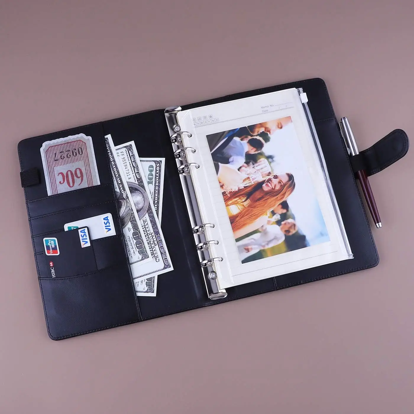 New A5 PU Leather Binder Cover with Magnetic Buckle Closure, 6 Ring Personal Notebook for Organizing Planner, Photo Card Sleeves