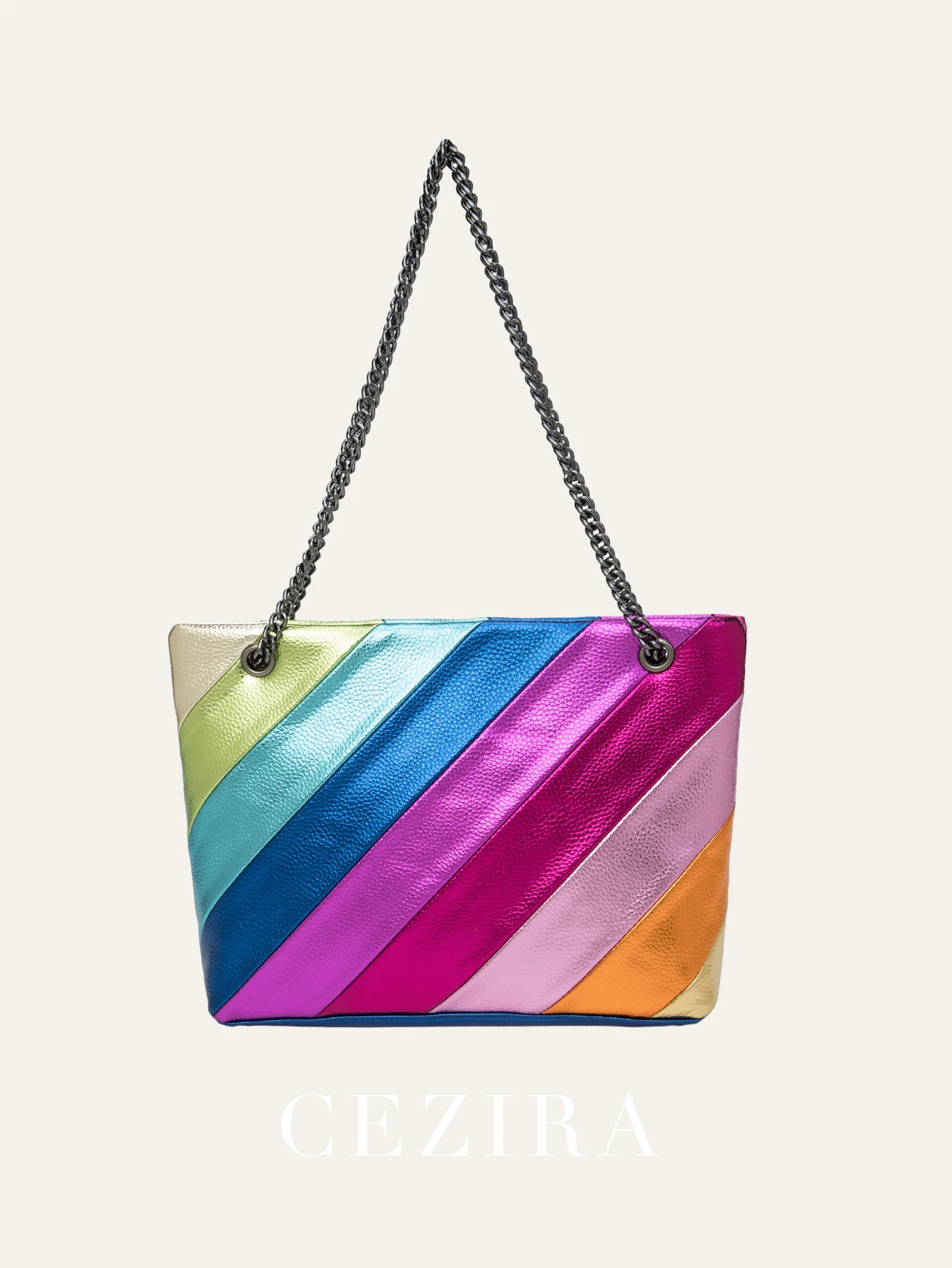 CEZIRA Metallic PU Leather Shoulder Bag Women Colorful Rainbow Stripes Patchwork Tote Large Capacity Chain Cross Body Handbags
