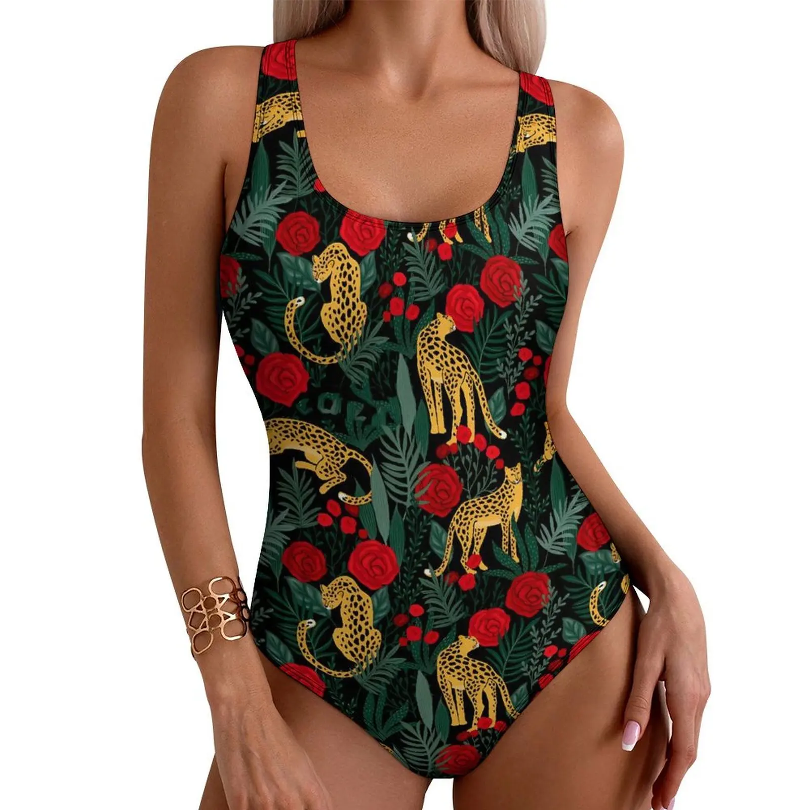 Floral Leopard Swimsuit Red Roses Swimwear One Piece Vacation Bath Bodysuit Cut Out Bathing Suit Woman Push Up Sexy Beachwear