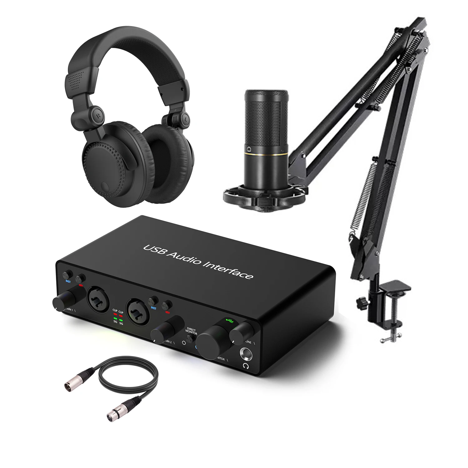 Professionele Xlr Condensor Studio Microfoon Bundel W/Monitor Hoofdtelefoon Usb Audio Interface Geluidskaart Kit Podcast Opname