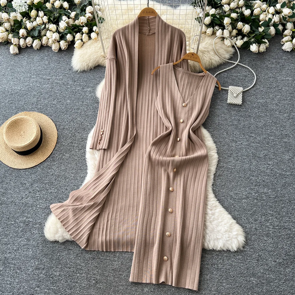 

Women Two Piece Sets Skirt Set Full Sleeve Mid Length Coats Knit Long Dresses V Neck Slim Fit Y2k Streetwear Elegant Work Autumn