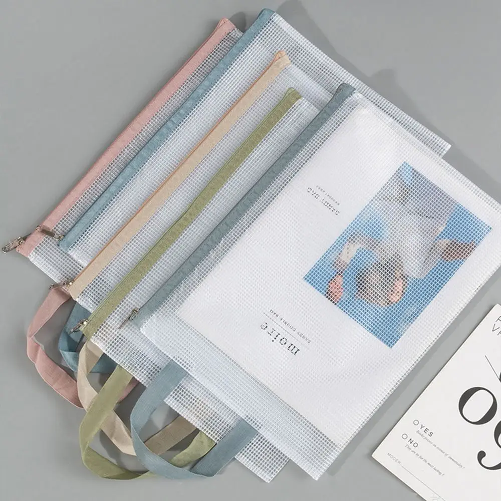 Double-layer Mesh Zipper Storage Bag Transparent PVC A4 File Folder Bag Portable Waterproof Document Bag School Office
