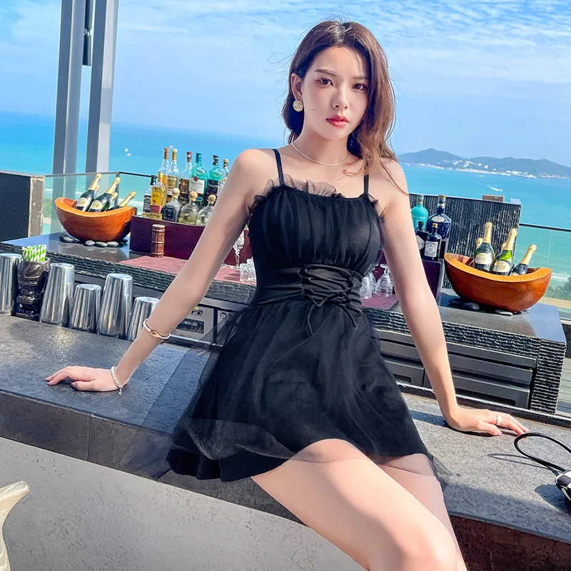 Women's One Piece Swimdress Sheer Mesh Ruffled Spaghetti Strap Lace Up Waist Flared Skirt Sexy Summer Beach Bathing Suit Swimwea