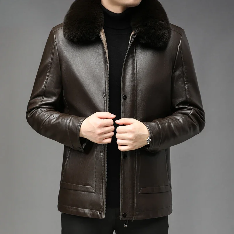 Loose Men's Genuine Leather Jackets Winter Thickened Warm Coat Fur Collar Fashion Split Leather Jacket Men Clothing Plush Abrigo