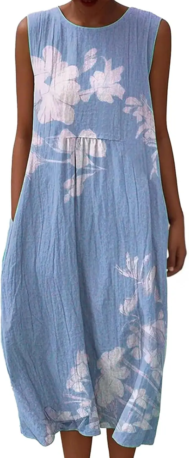 Муслиновое платье, женское летнее пляжное платье без рукавов, летнее платье, повседневное платье с круглым вырезом Муслиновое платье, женское летнее пляжное платье без рукавов, летнее платье, повседневное платье с круглым вырезом