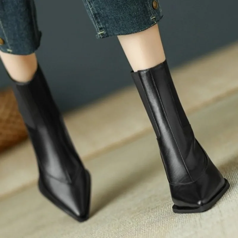 

Бренд-дизайнер 2024, осень, новые классические однотонные полусапожки, повседневные легкие сапоги до середины икры без шнуровки на одну ногу