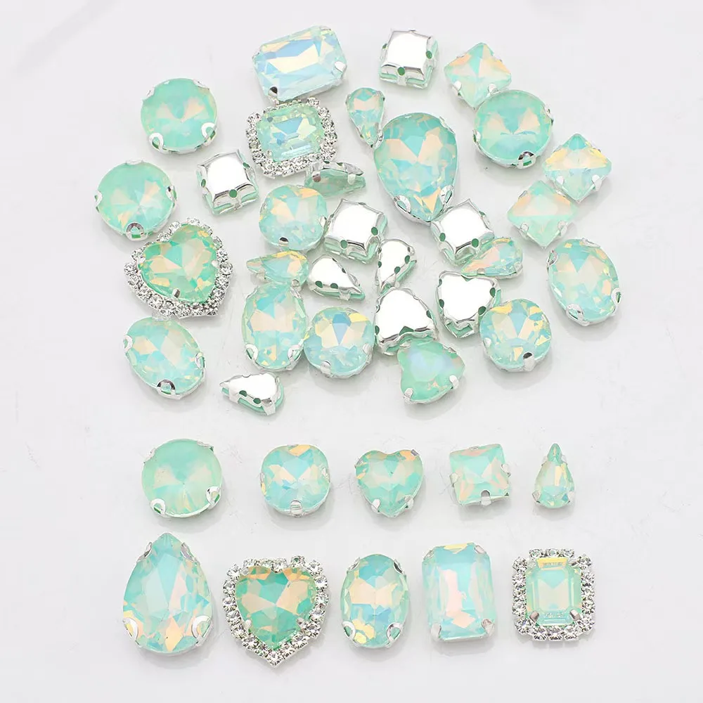 Ajustes de garra tipo girasol plateado, 10 formas, mezcla de vidrio transparente y colores Jelly AB con cadena de diamantes de imitación para coser en el adorno