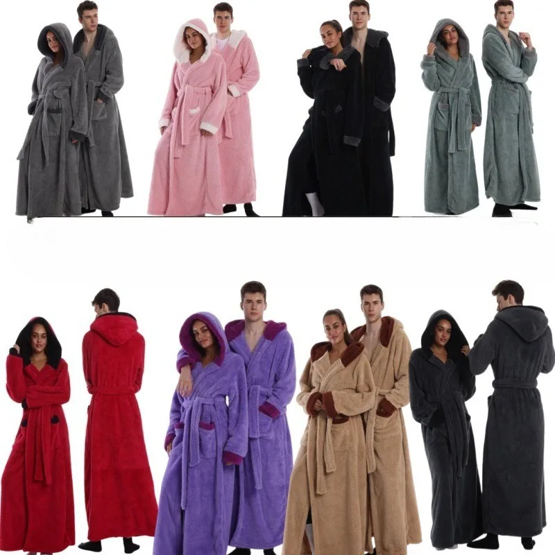 Solid Color Bathrobe Loungewear Women Oversized Long Robe Belt Couple Pajamas Thickened Warm Winter Nightgown