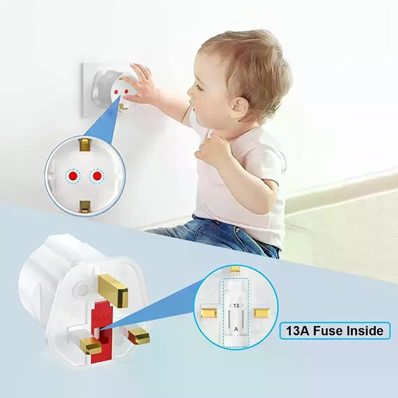 EU to UK Plug Adapter Travel Power Converter 2 Pin to 3 Pin UK Socket 250V 13A Fused Safe Charg for European Devices in Britain