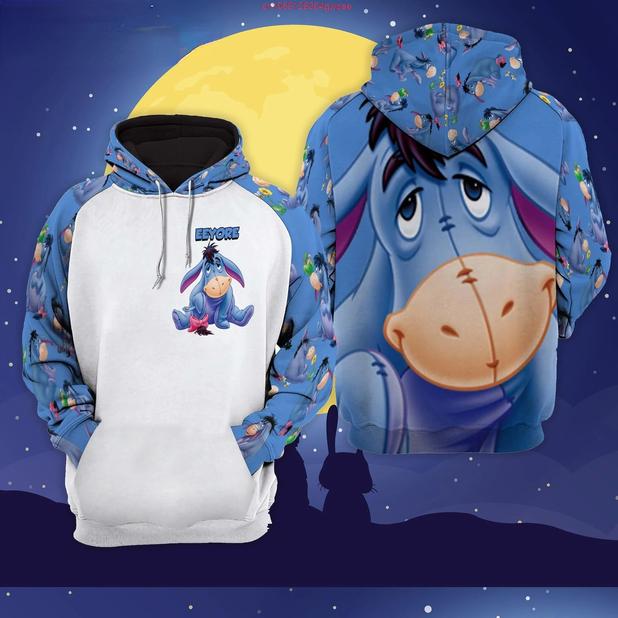 2023 New Disney 3d Hoodie Eeyore Donkey Raglan Disney Cartoon Graphic 3d Hoodie Zip Hoodie